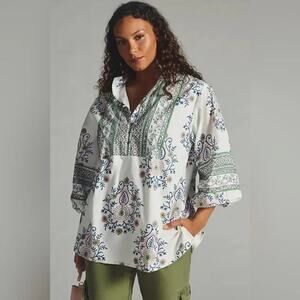 Sue Sartor Bangalore Tunic Top Size L White Green Paisley Floral Puff Sleeves